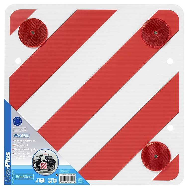 Red and white warning sign with diagonal stripes and reflective circles at each corner.