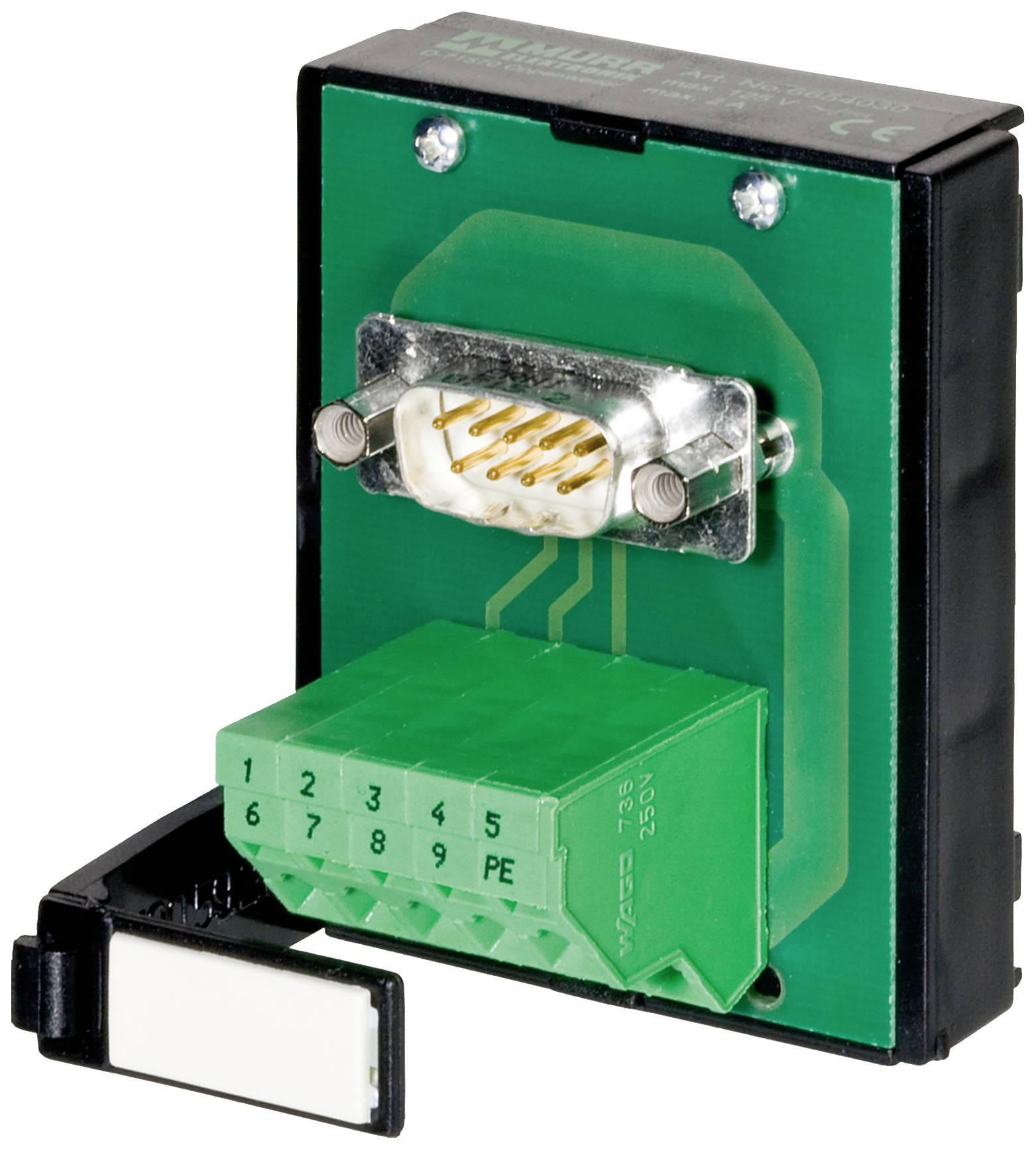 An electrical module with a green connector and a nine-pin connection. Suitable for industrial applications.