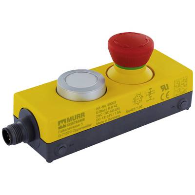 Yellow emergency stop module with red emergency stop button and grey pushbutton from Murr Elektronik. Inscription 'Made in Germany'.