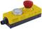 Yellow emergency stop module with red emergency stop button and grey pushbutton from Murr Elektronik. Inscription 'Made in Germany'.