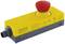 Yellow emergency stop button with red button and terminals, labelled with technical specifications, used in machine control systems.