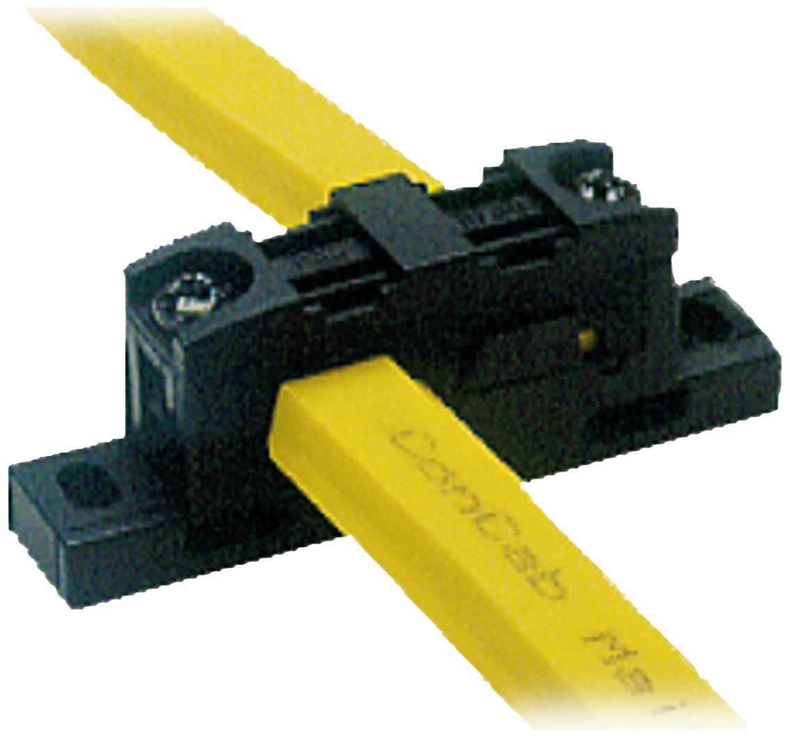 Yellow cable in a black cable clip, secured with two screws. Used for secure routing and fixing of cables.