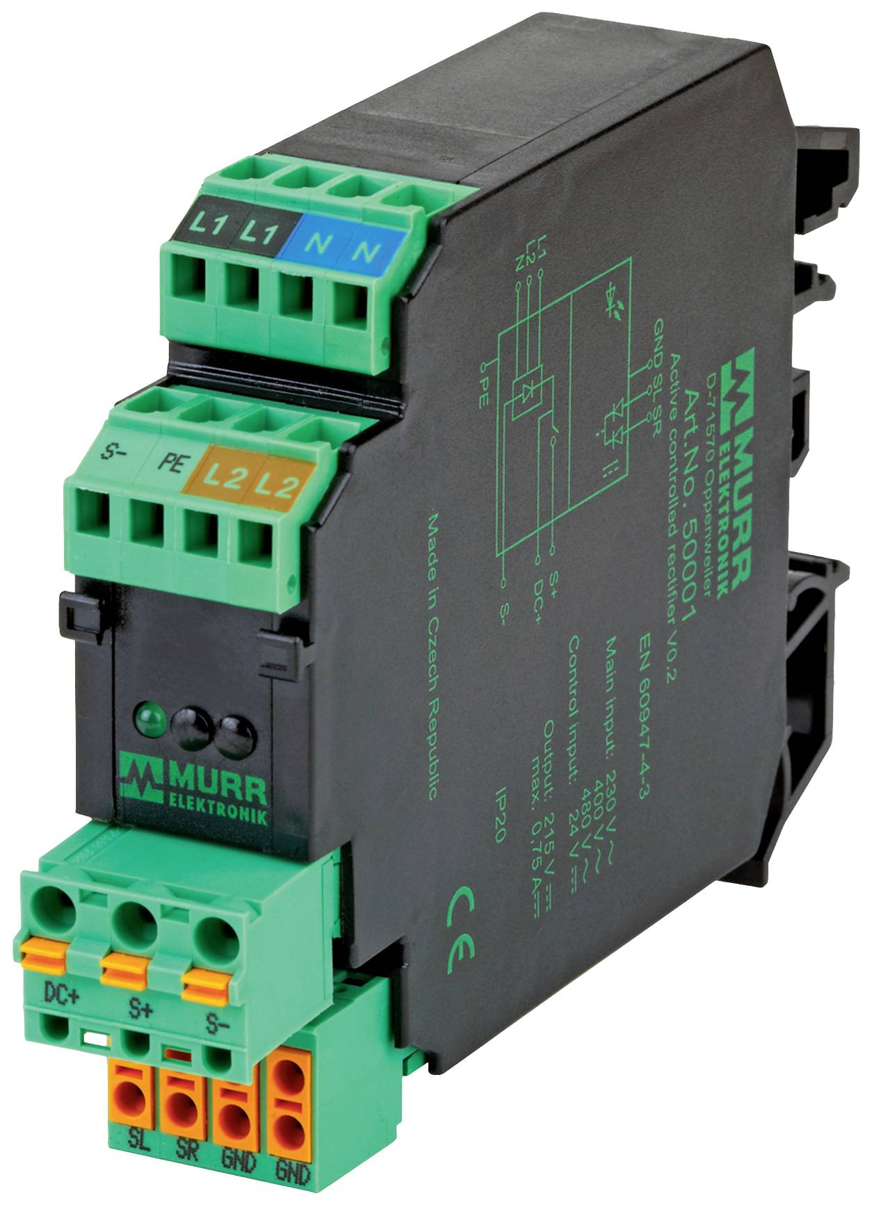 An electronic module by Murr Elektronik with various connections and green terminal blocks mounted on a black housing.