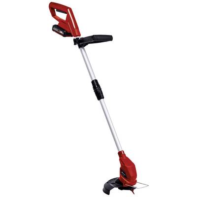A red cordless lawn trimmer with a long handle and black blade guard. Ideal for trimming lawn edges.