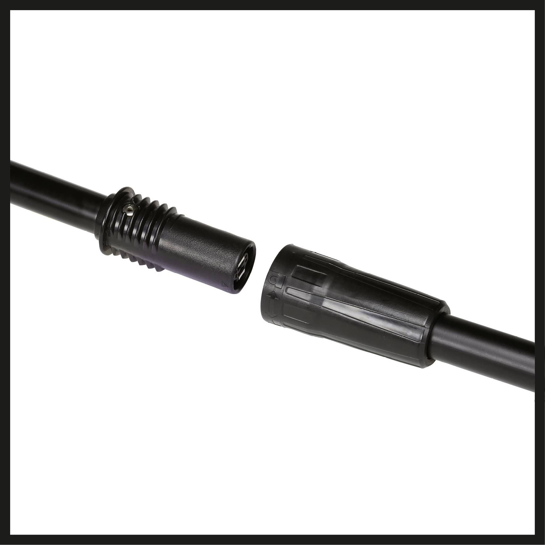 Connectors of a black cable with a detachable plug, shown in close-up to demonstrate its connection possibilities.