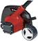 Electric lawn edger with a red casing and black handle, large black wheel for easy movement.