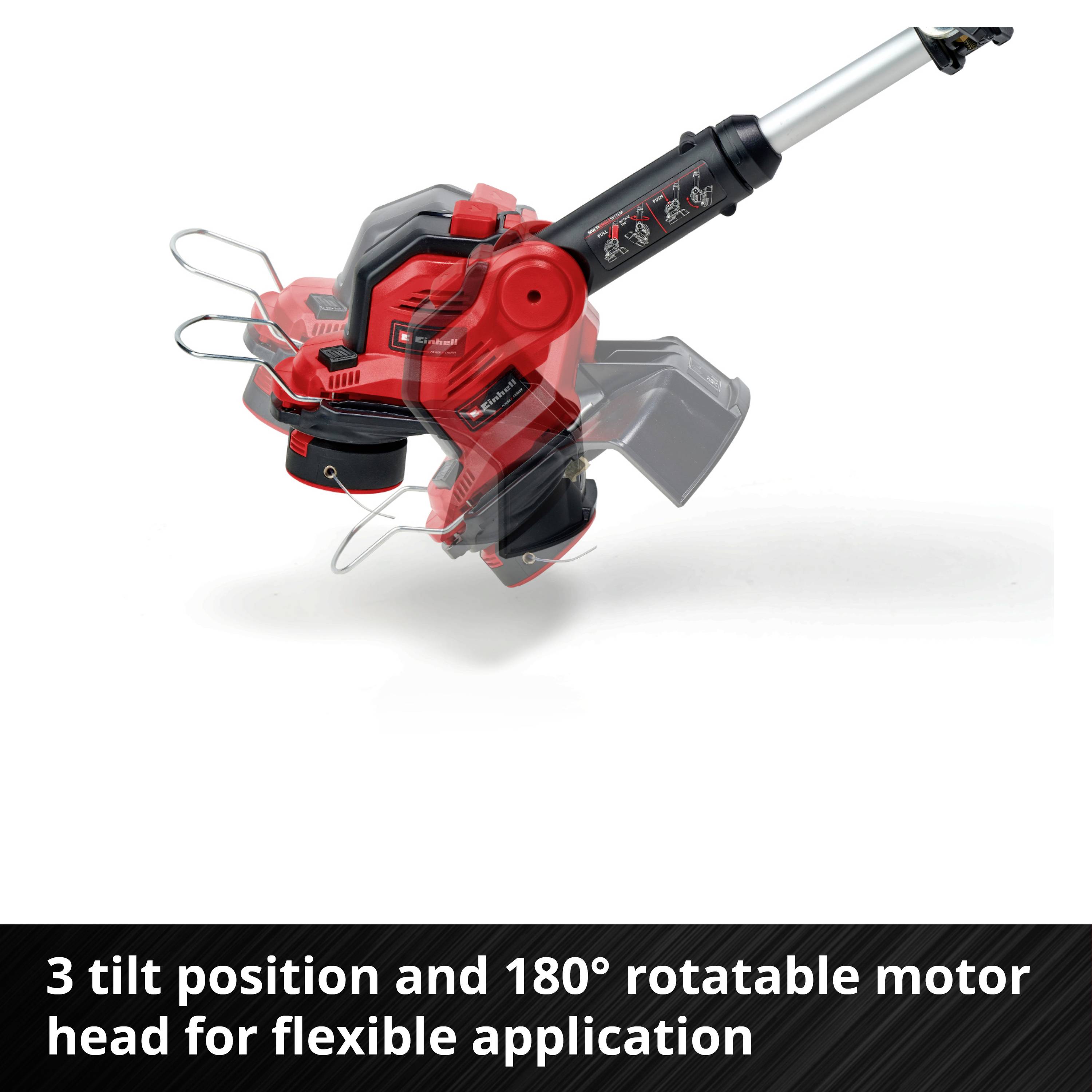 A trimmer with a triple-pivot and 180° rotatable motor head, with the description: 'Triple-pivot and 180° rotatable motor head for flexible application'.