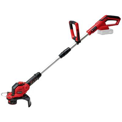 Battery-powered grass trimmer with red and black design. Long aluminium shaft with adjustable handle and protective guard for safety.