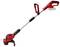 Battery-powered grass trimmer with red and black design. Long aluminium shaft with adjustable handle and protective guard for safety.