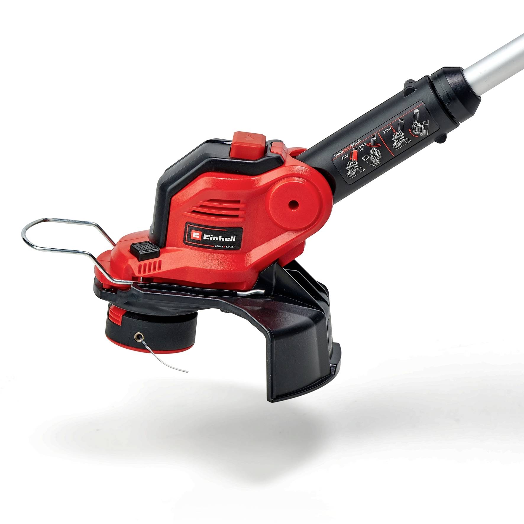 Red and black lawnmower by Einhell, partially visible. Handle and cutting area shown.