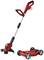 Red lawn trimmer next to a removable wheel attachment. Device suitable for trimming lawn areas. Handle and cutting head adjustable.