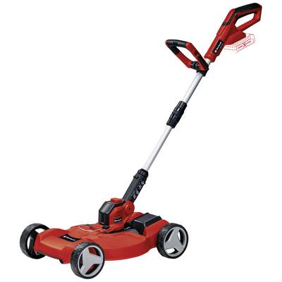 'Red electric lawnmower with ergonomic handle and adjustable shaft on white background.'