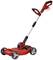 'Red electric lawnmower with ergonomic handle and adjustable shaft on white background.'