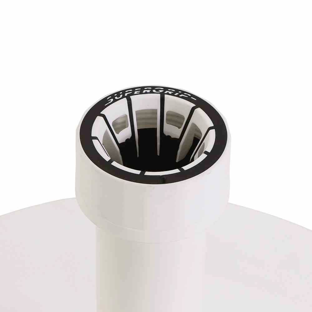 White cylindrical structure with a black, ribbed insert at the top, labelled 'Supergrip'.
