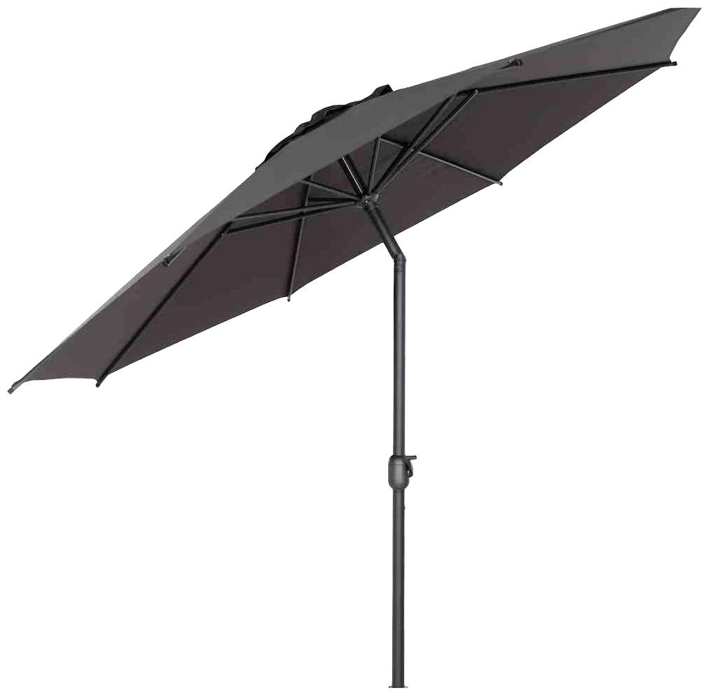 Black parasol with a straight stand and a large, round canopy. Ideal for outdoor use to provide protection from the sun.