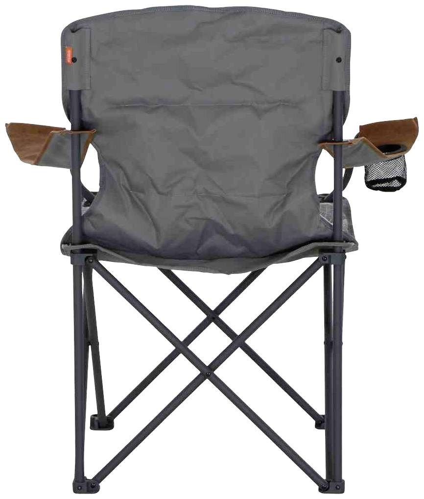 A grey folding chair with armrests, cup holders on both sides and a robust frame, viewed from behind.