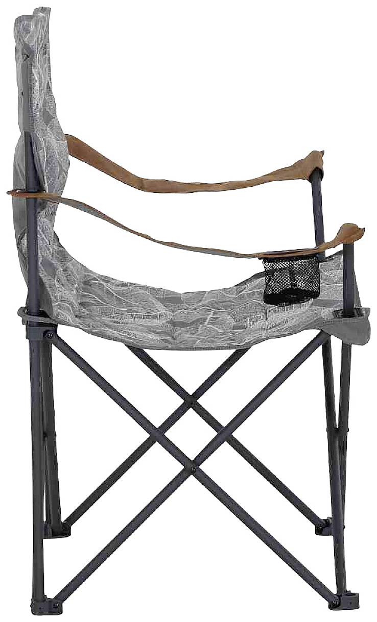 A folding camping chair with a high back, padded armrests and a drinks holder in grey. Perfect for outdoor activities.