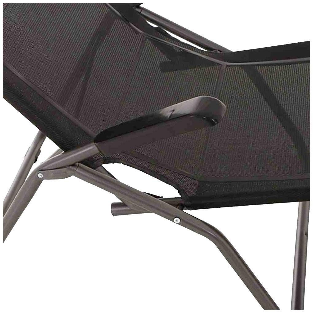 Deck chair with brown textile fabric and metal frame; focused view of armrest.