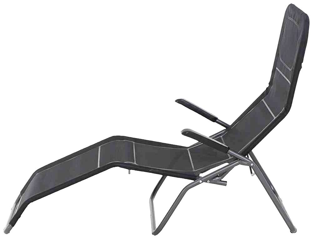 A black reclining sun lounger with an adjustable backrest and metal armrests, suitable for garden or patio.