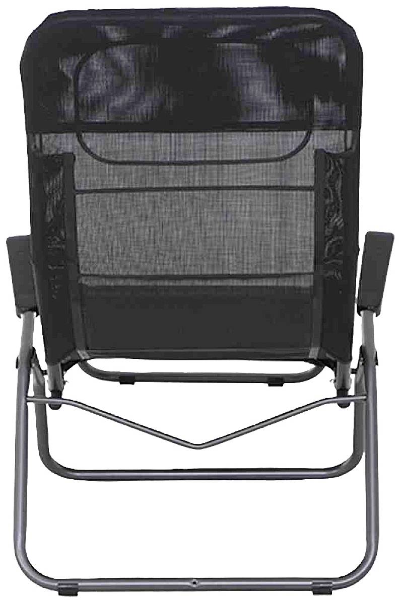 A black folding chair with mesh fabric and armrests, suitable for outdoor use.