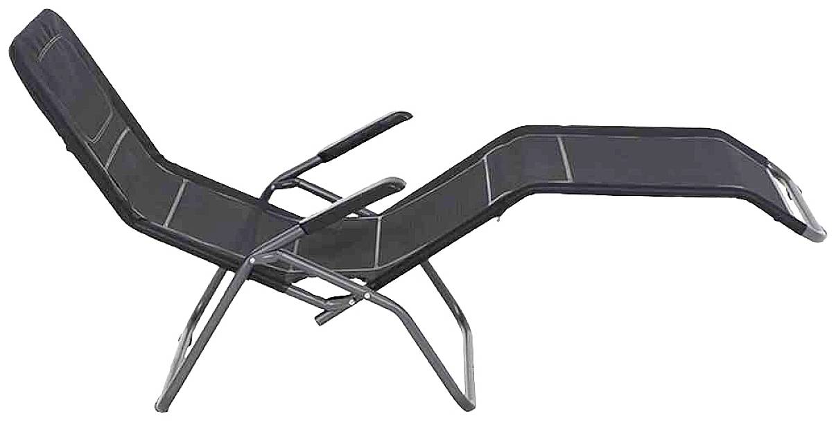 Black reclining chair with adjustable backrest and footrest, set on a metal frame.