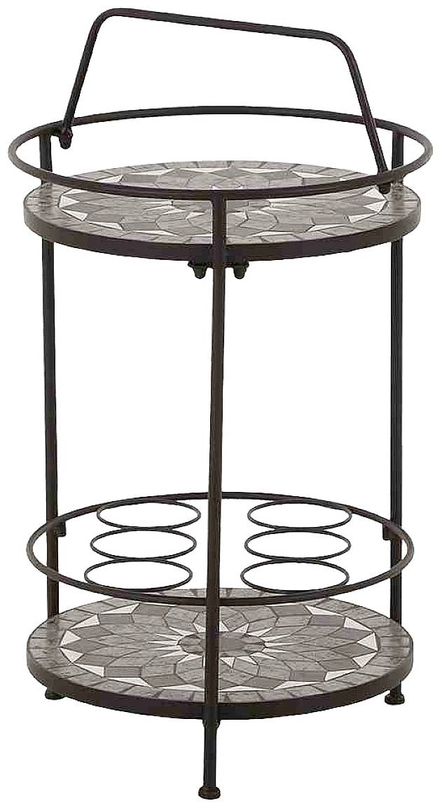 Round, two-tier metal serving trolley with mosaic pattern on the shelves. Upper shelf has a handle. Ideal for drinks.