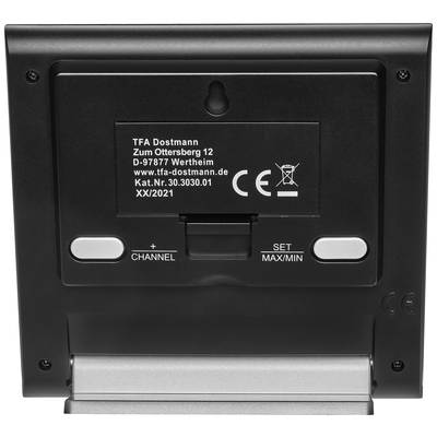 Back of a digital device with buttons for channel and setting adjustments. Text shows manufacturer's address and model number.