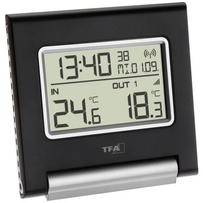 Digital thermometer with indoor and outdoor temperature display. Shows 24.6°C inside and 18.3°C outside, time 13:40.
