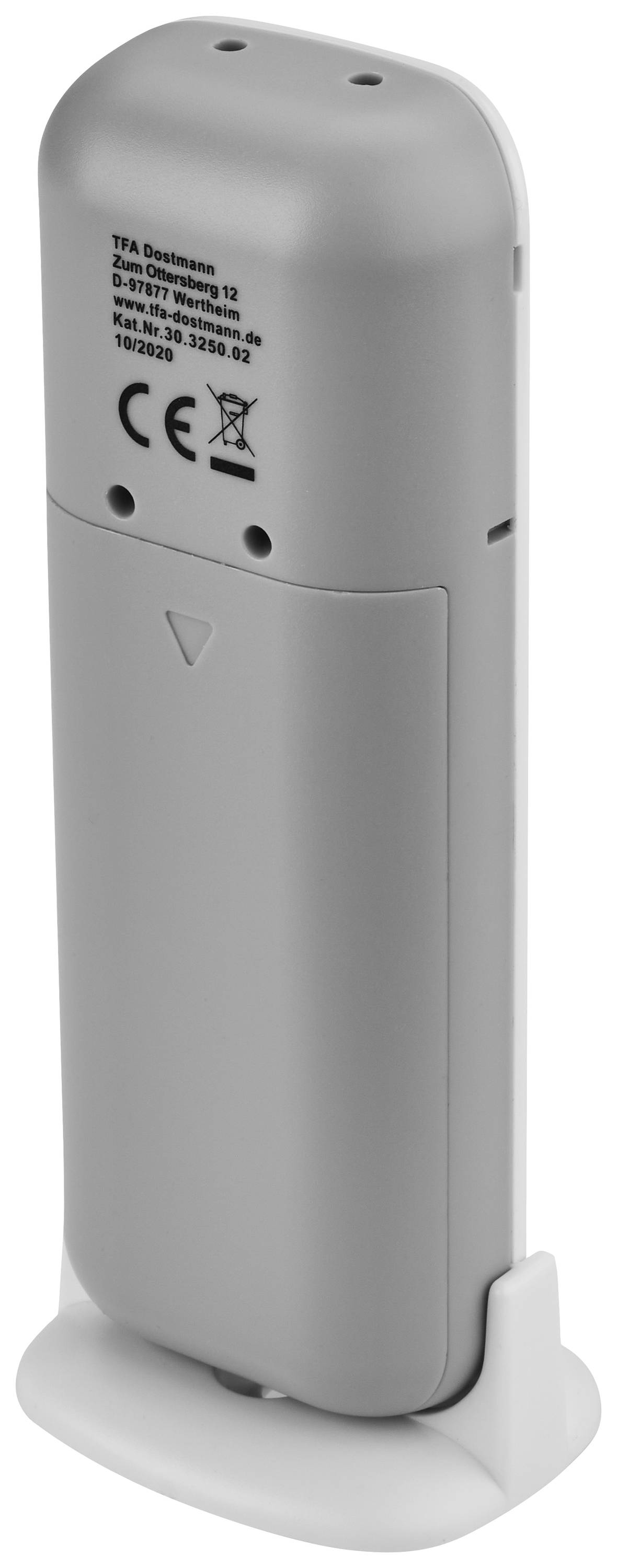 Rear view of a grey electronic device in a white mount with CE marking and serial number printing.