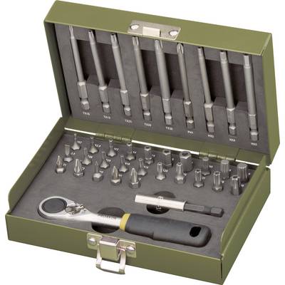 Green toolbox with various screwdriver bits and a ratchet screwdriver, arranged in foam inserts.