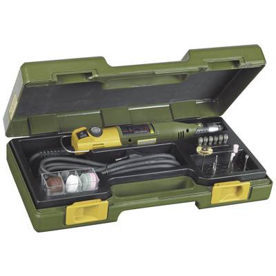 Green tool case with a yellow multi-tool and various attachments. Perfect for DIY projects.