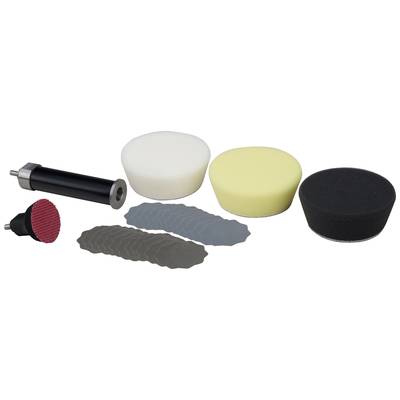 Various polishing attachments and foam pads in different sizes and colours, next to a black hand polisher.