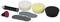 Various polishing attachments and foam pads in different sizes and colours, next to a black hand polisher.
