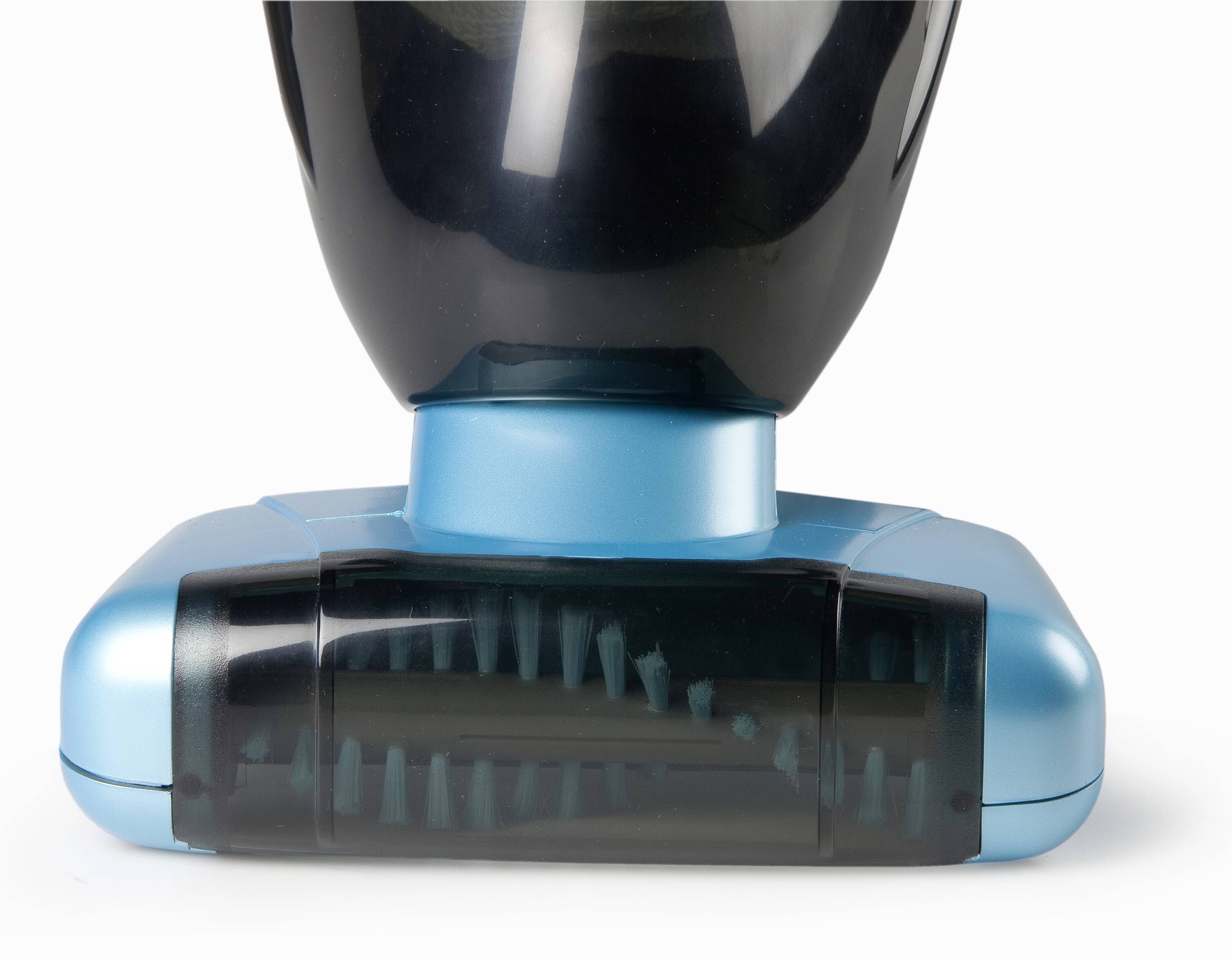 A blue vacuum cleaner head with rotating brushes on a white background.