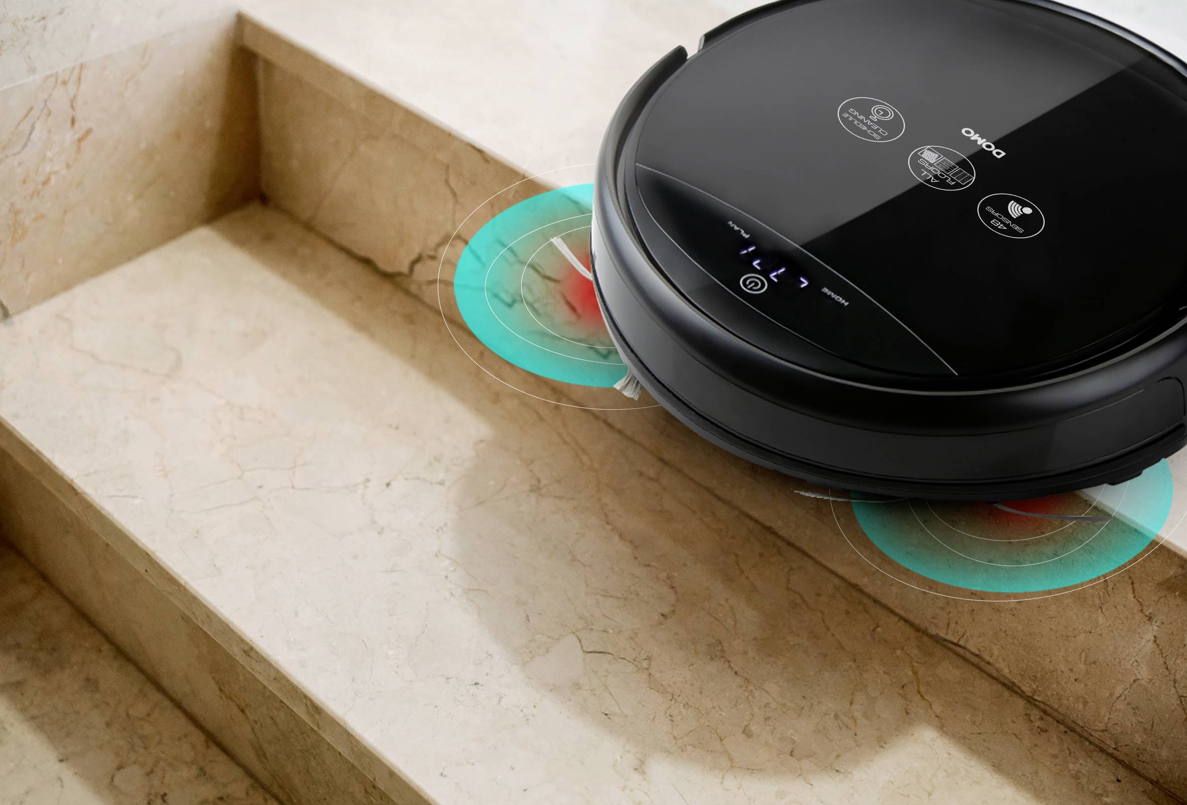 A robotic vacuum cleaner is cleaning a marble staircase, while its sensors detect the steps to prevent falling.