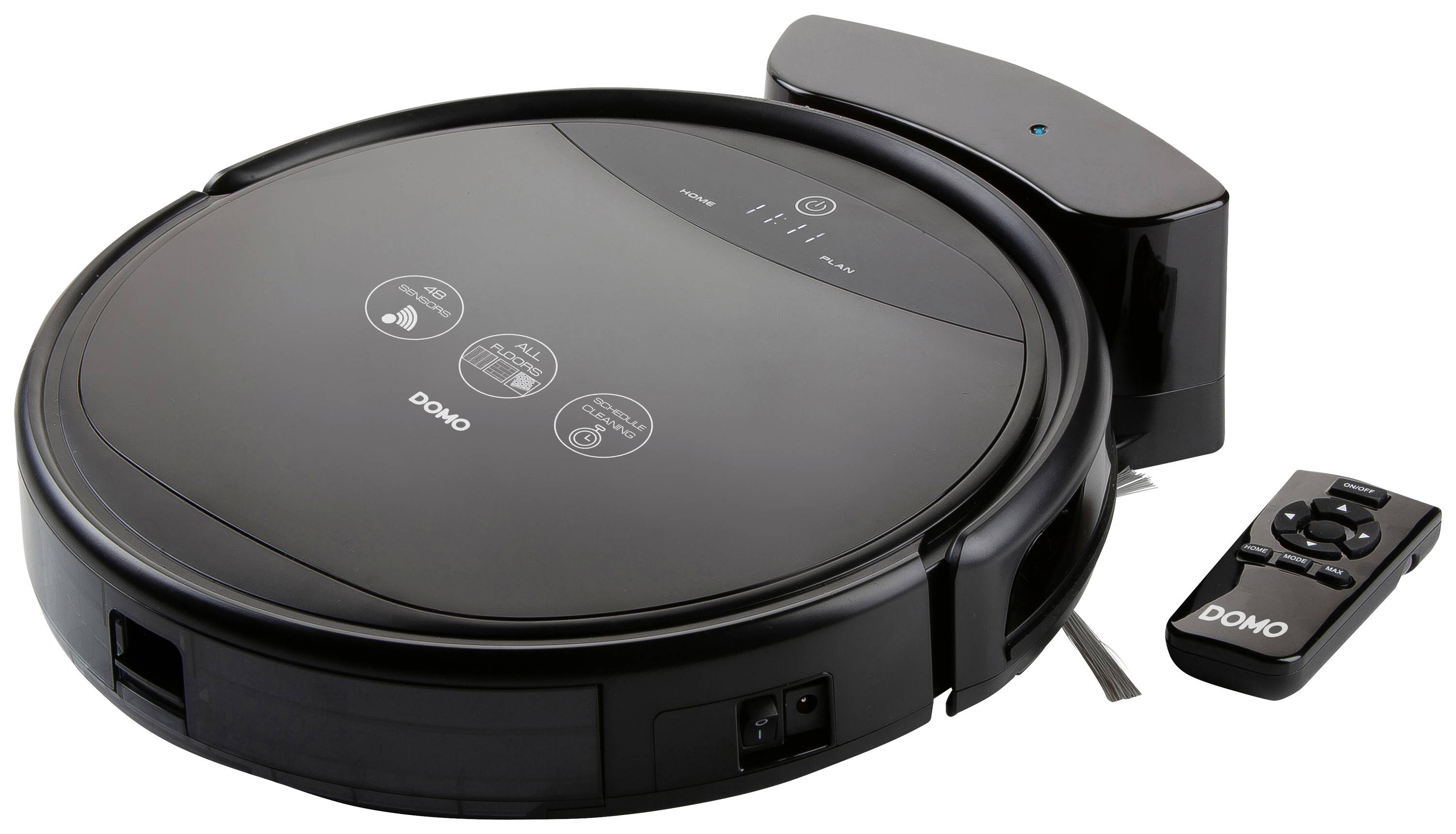 'Robot vacuum with charging station and remote control, perfect for automatic floor cleaning.'