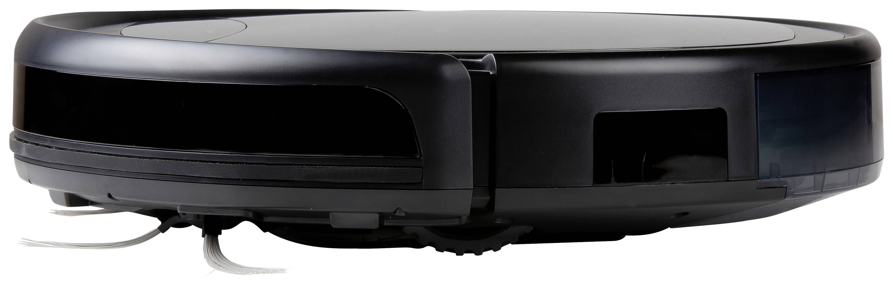 A black robotic vacuum with a slim design and side brushes, perfect for cleaning underneath furniture.