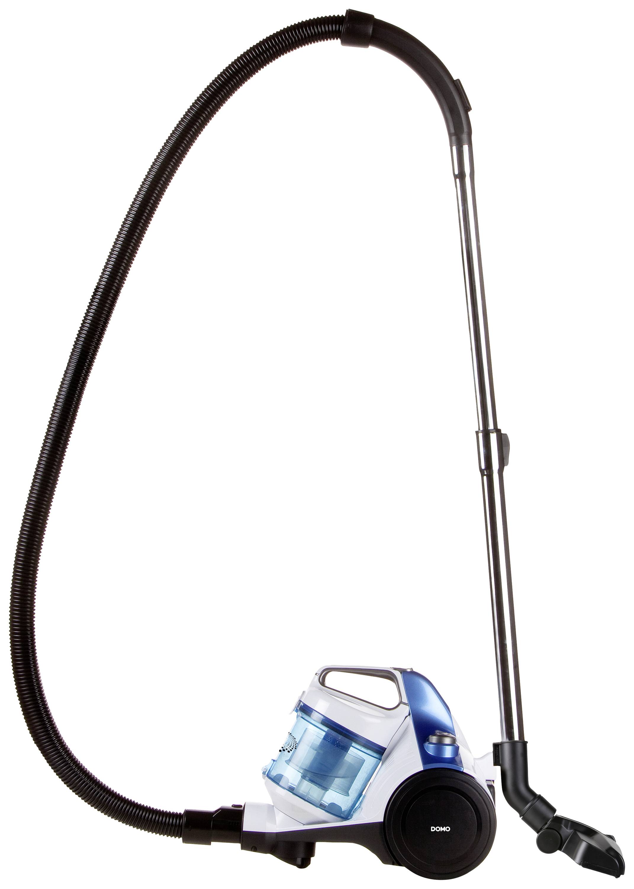 A blue vacuum cleaner with a transparent container and a long black hose. The vacuum cleaner is standing upright.