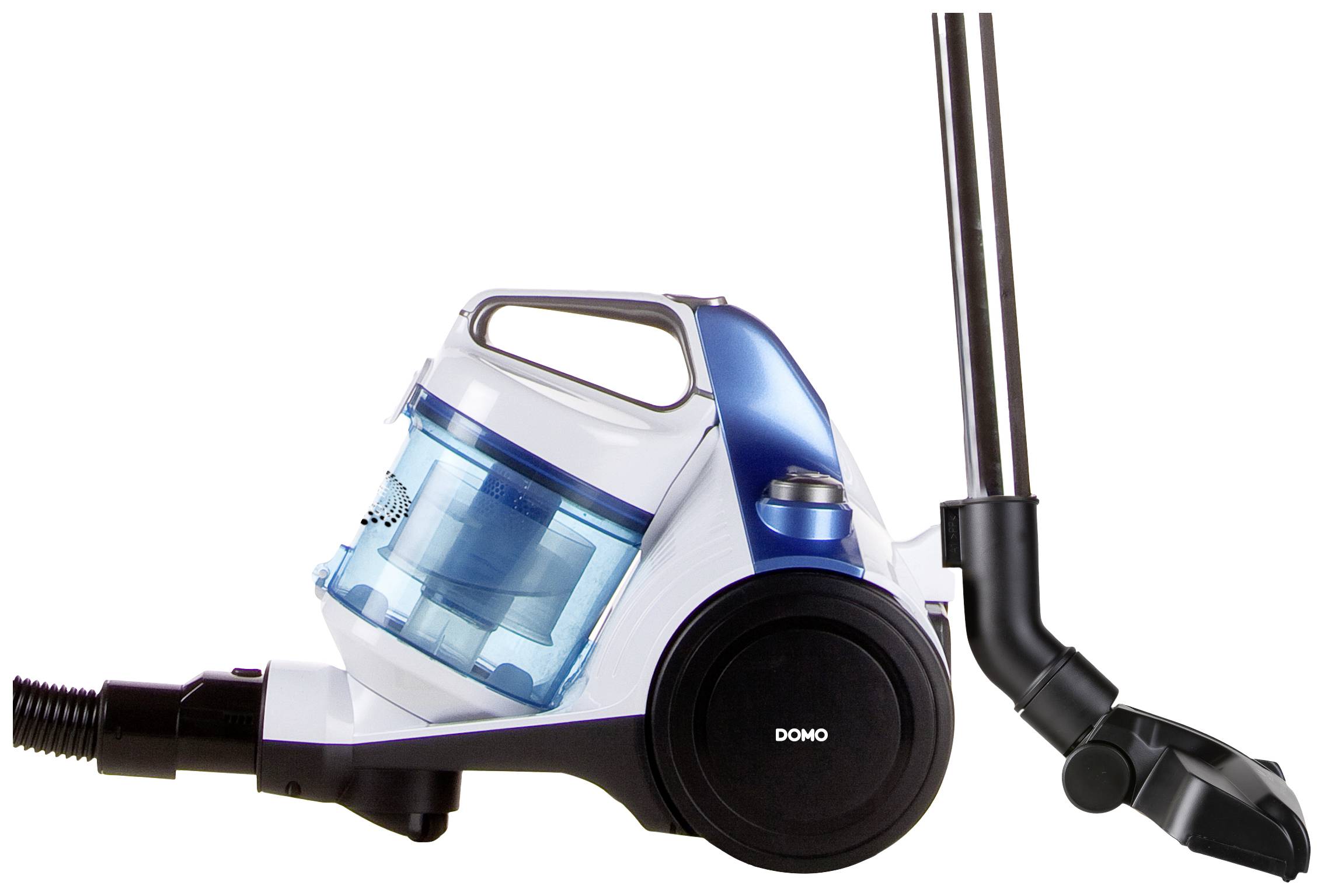 A white and blue, bagless vacuum cleaner with a transparent container and black suction hose, on a white background.