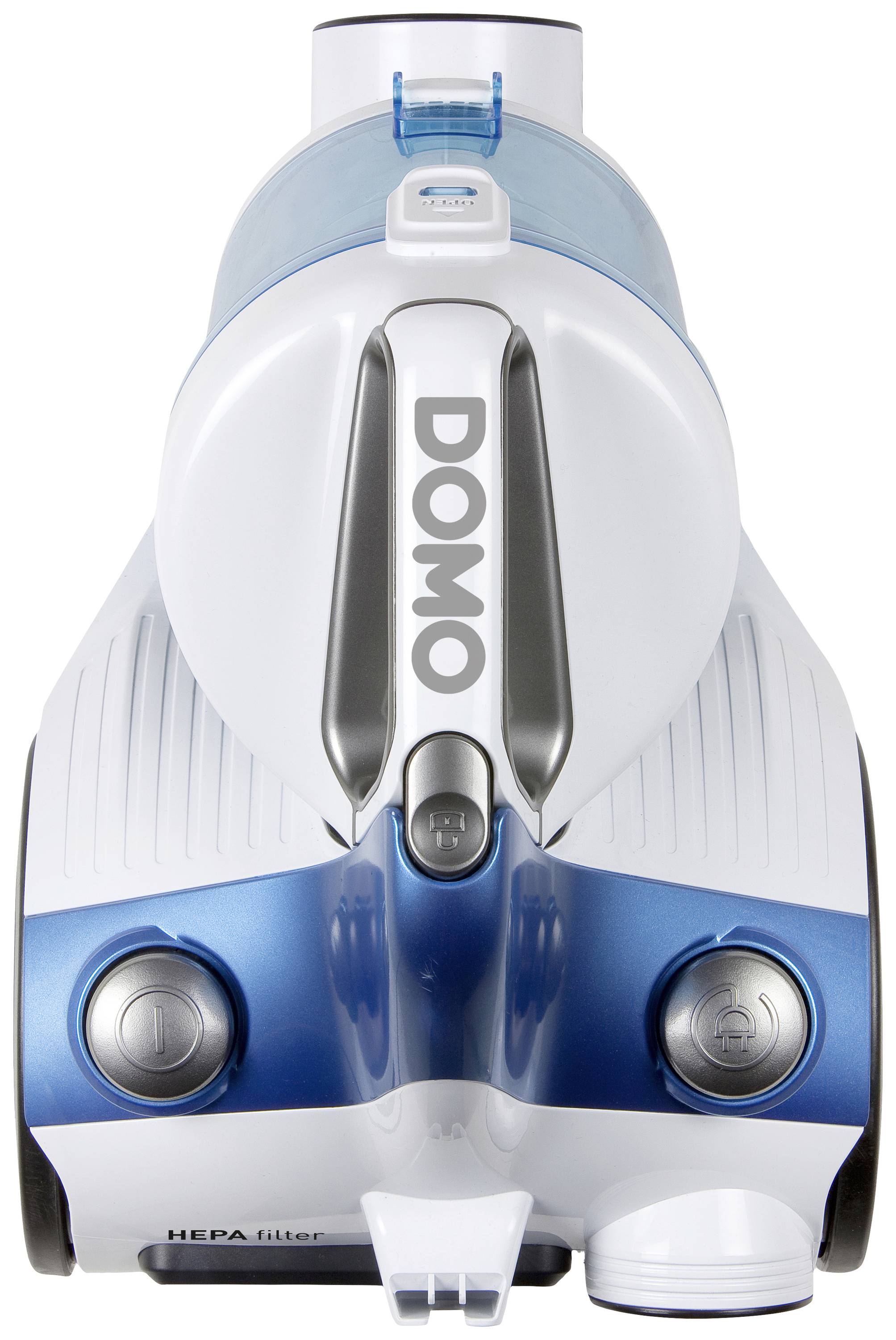 A blue and white vacuum cleaner viewed from above, branded 'DOMO', equipped with a HEPA filter.