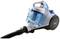Blue and white vacuum cleaner with dust container and suction hose, brand 'DOMO'.
