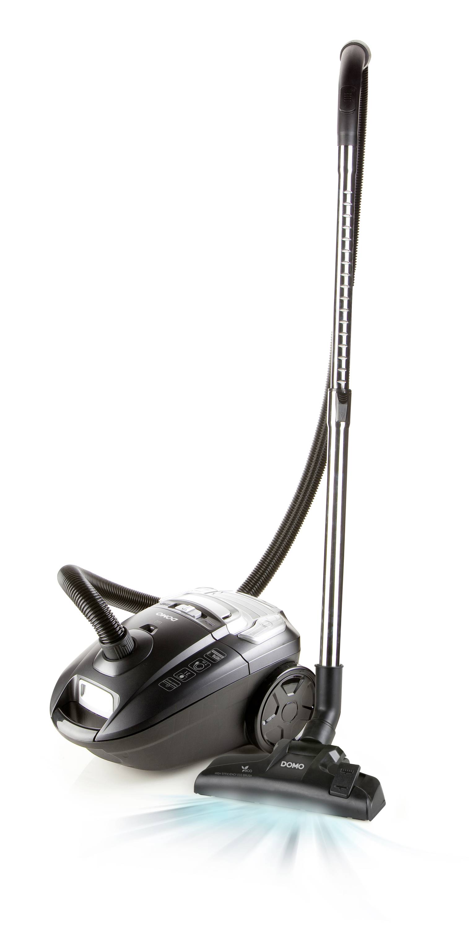 Black floor vacuum cleaner with a long metal tube and suction head. The vacuum cleaner is standing upright, with the tube slightly tilted backwards.