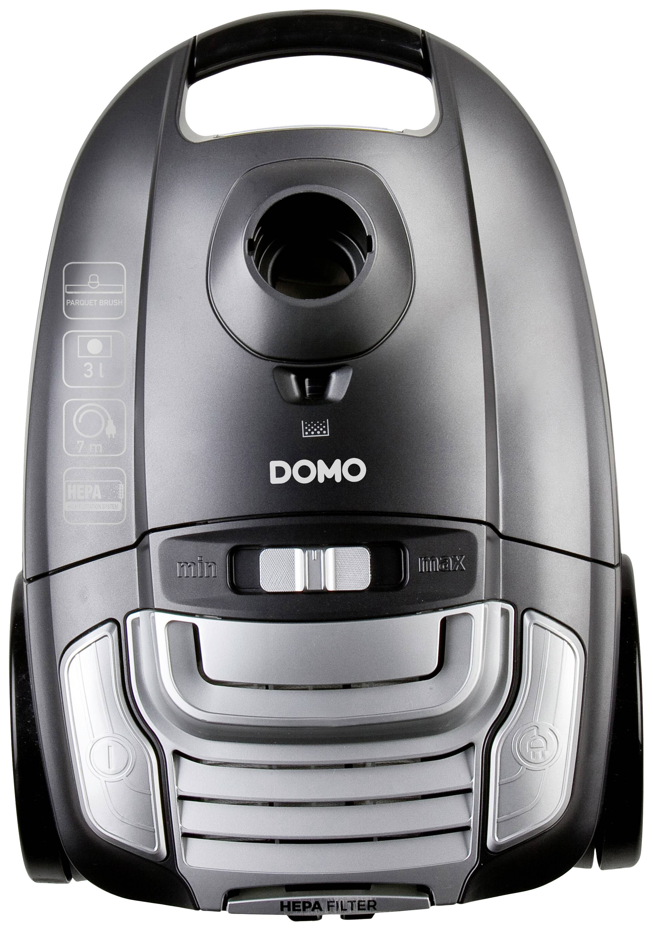 A black vacuum cleaner by DOMO with a HEPA filter. Front view showing controls and the hose connection point.