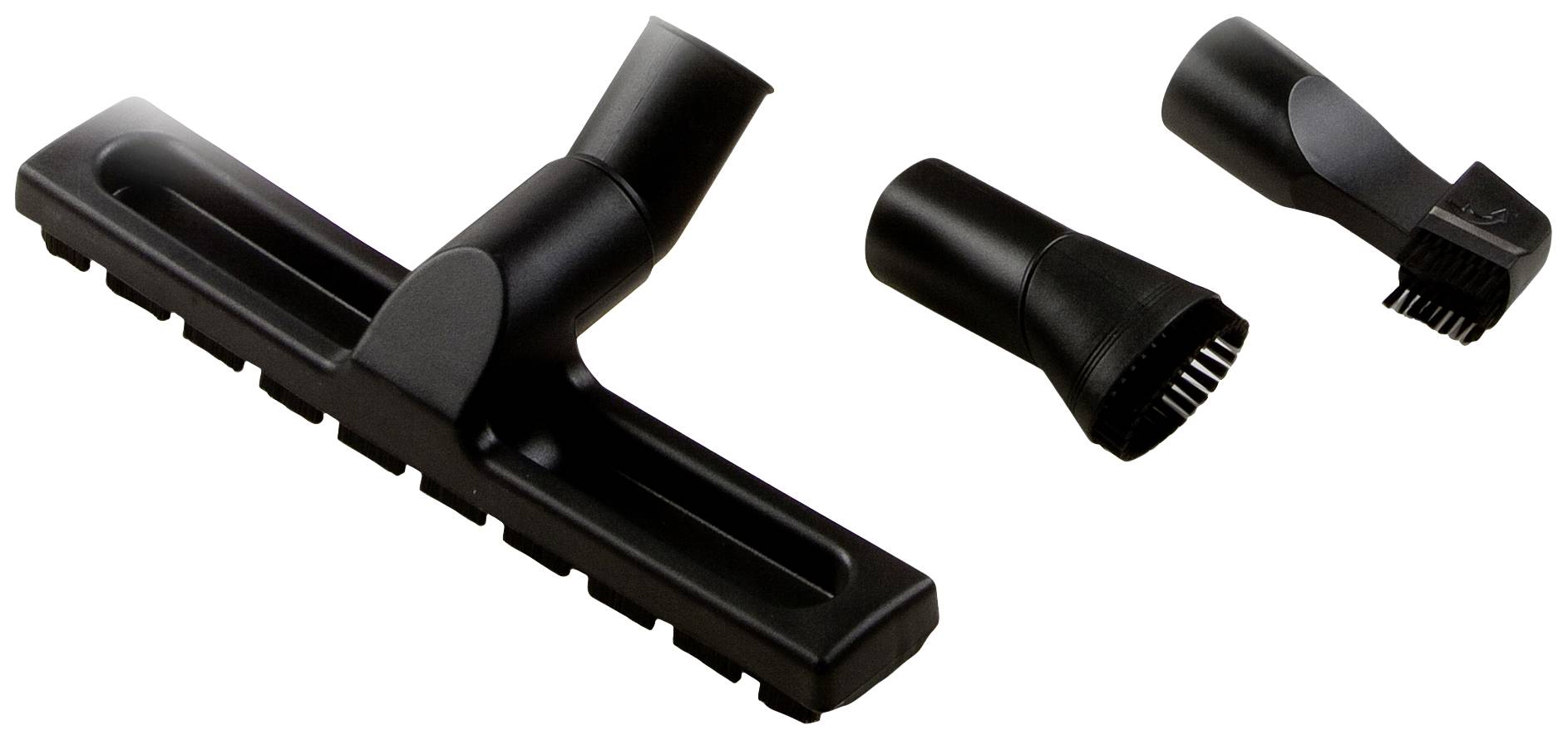 Three vacuum cleaner nozzles: a wide-surface floor nozzle on the left, two small brush nozzles on the right, against a white background.