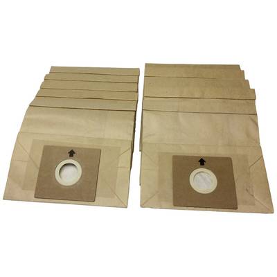 'Ten brown paper vacuum cleaner bags, arranged in two stacks side by side, each with a white circular cut-out in the centre.'