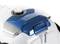 A vacuum cleaner with a blue and white design, brand name on the surface, rotary dial, and HEPA filter.