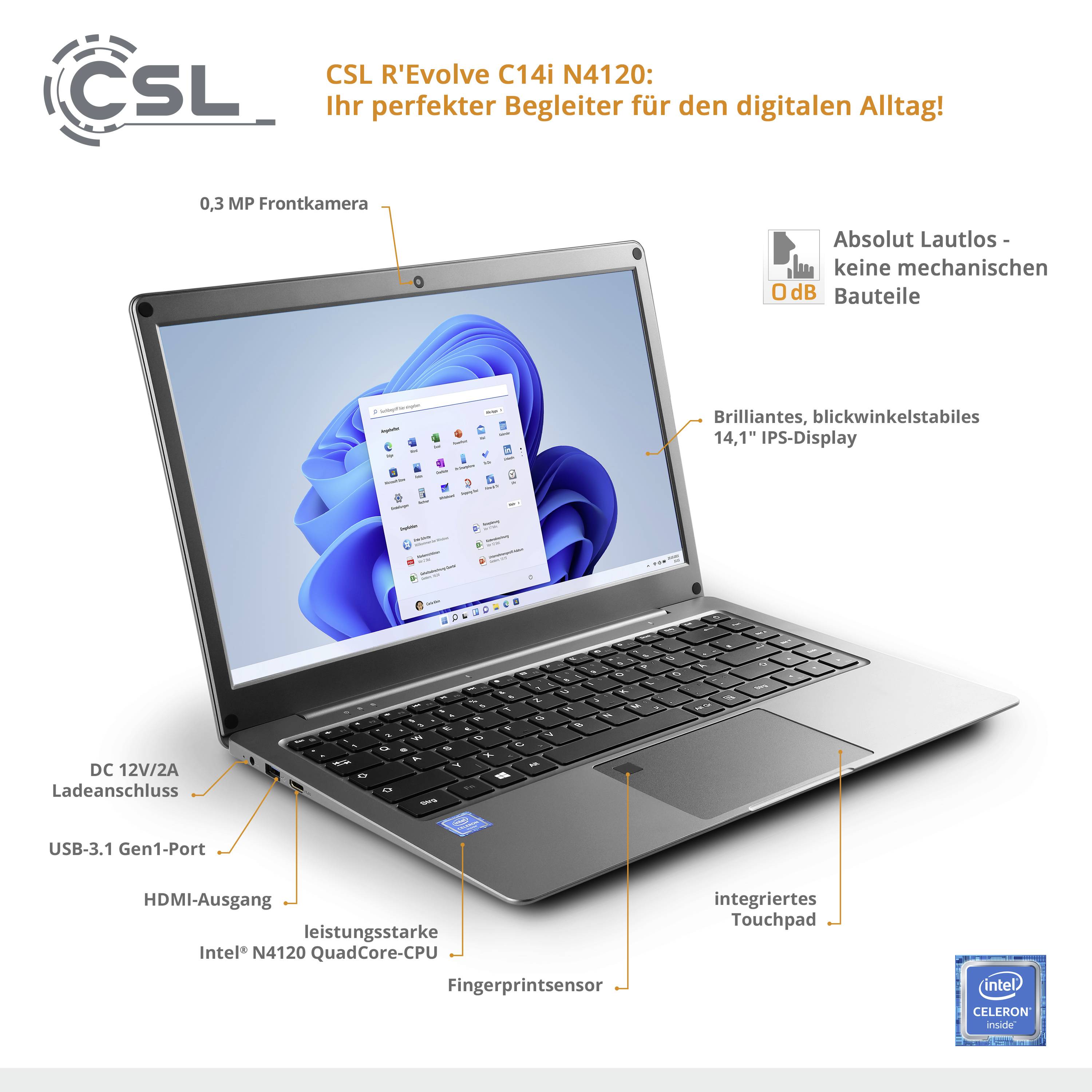 CSL Computer Laptop R' Evolve C14i V2 35.8 cm (14.1 inch) Full HD Intel® Celeron® N4120 4 GB RAM 64 GB eMMC 240 GB SSD G-3