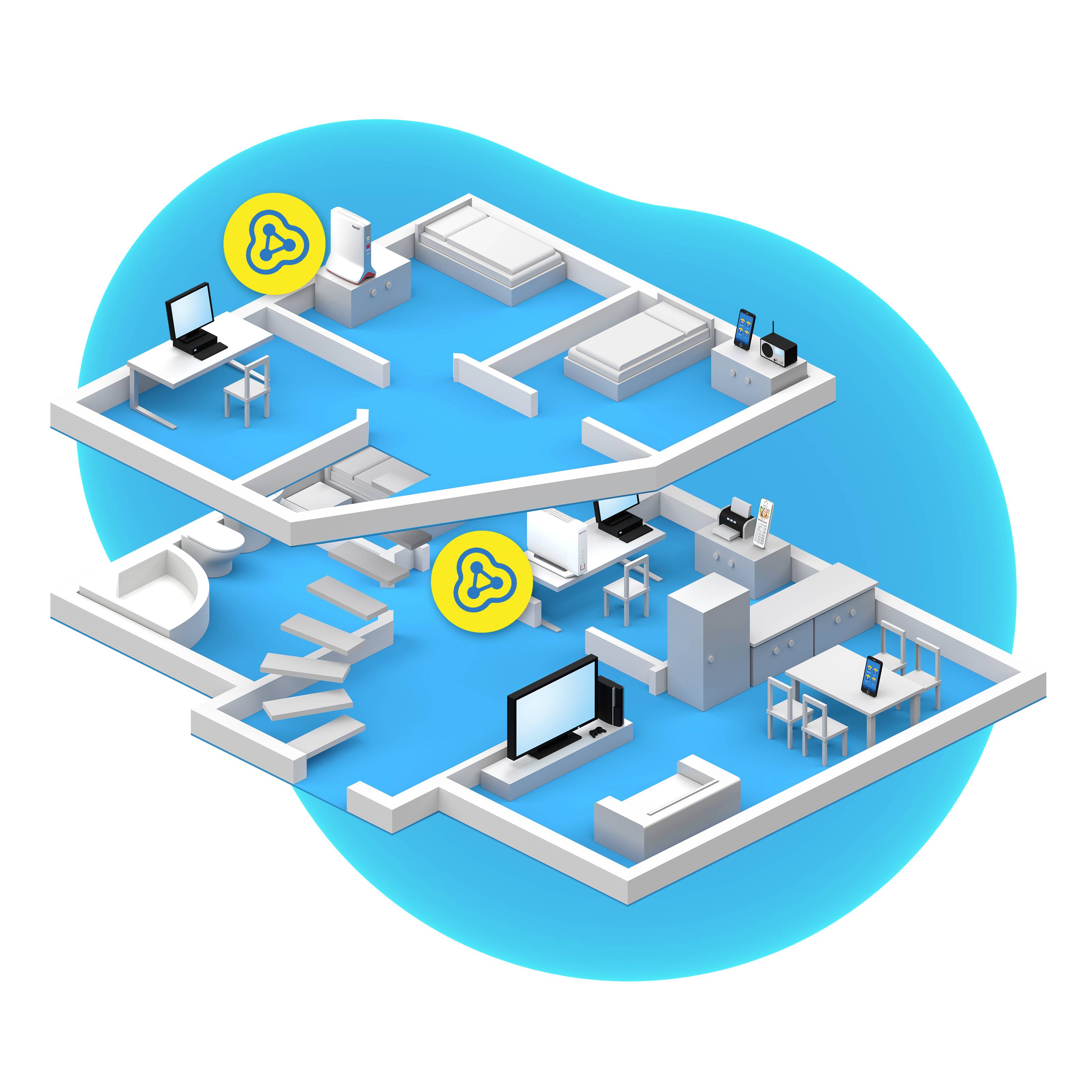 Two storeys of a house with living room, bedroom, study, and kitchen. Various devices and symbols are visible.