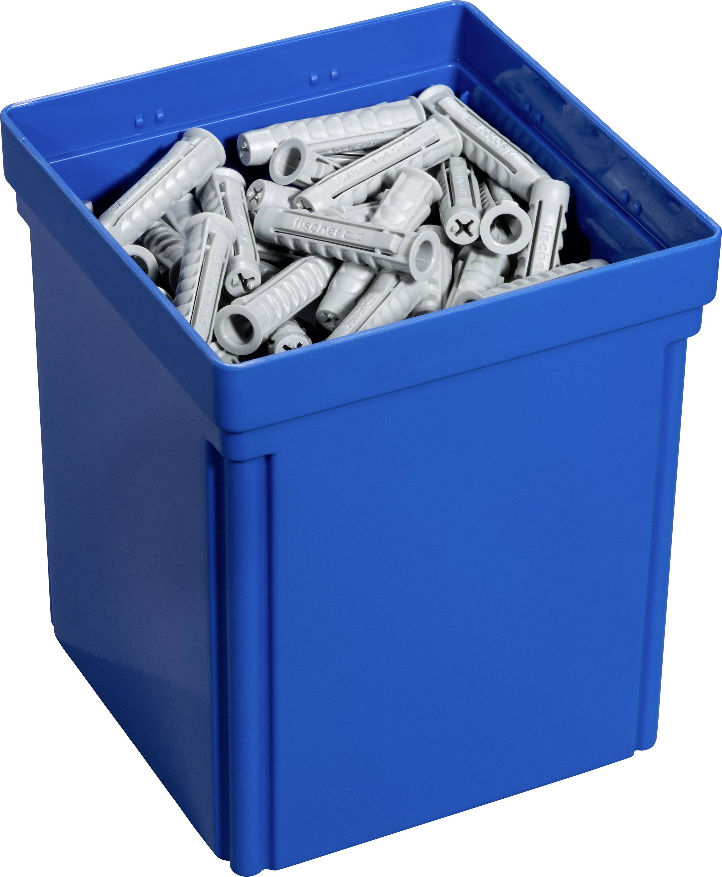 Blue plastic crate filled with grey wall plugs and screws.