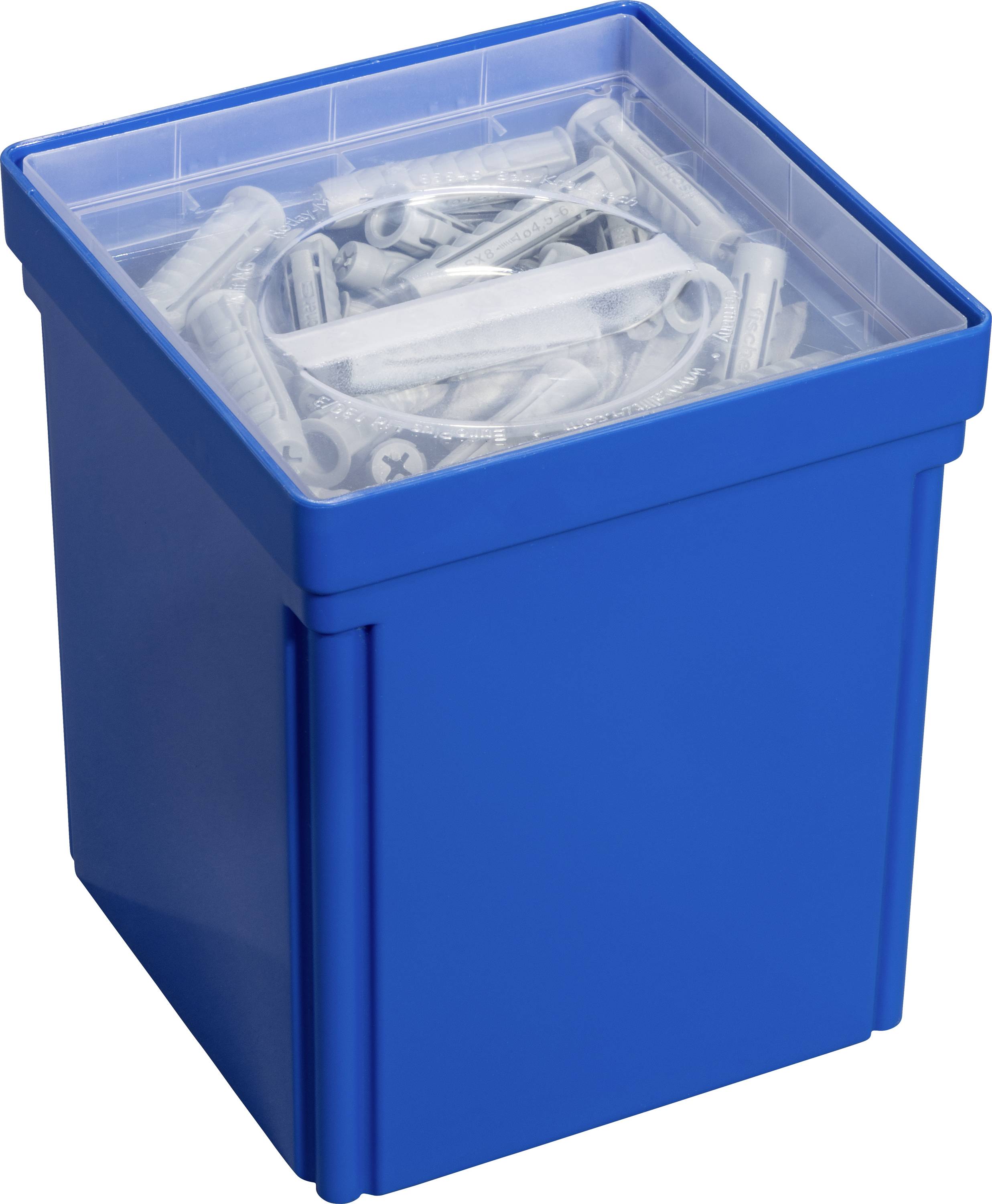 Blue plastic box with a transparent lid, filled with small silver metal parts and plastic components.